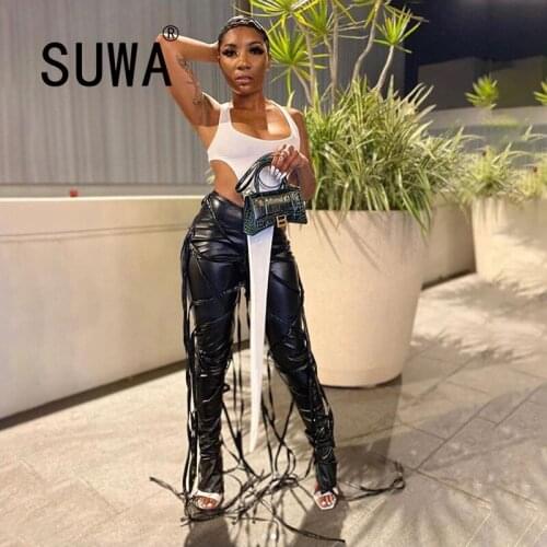 Ribbons Faux Leather Solid Flare Pants Women 2020 Fashion Aesthetic Streetwear Side Slit Mid Waist Trousers Hot Selling