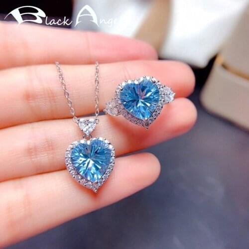 BLACK ANGEL New 925 Silver Shiny Romantic Heart Luxury Blue Topaz CZ Resizable Ring Necklace For Women Jewelry Set Wedding Gift