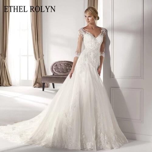 ETHEL ROLYN Sexy V-neck Illusion Long Sleeve Wedding Dress 2021 Appliques Princess Sheath Elegant Wedding Gowns Vestido De Noiva