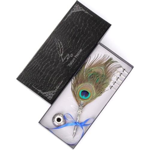 2021 natural peacock retro feather metal calligraphy gift dip pen stationery school gift set quill pen