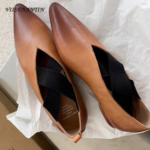Waxed Calfskin Ballet Shoes Womens Autumn New Products Full Leather Pointed Toe Cross Elastic Belt Flat Shallow Shallow Shoes