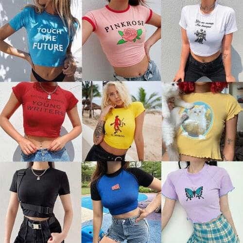 IAMSURE Short Sleeve Basic T-Shirt Women 2021 Summmer Cute Slim Printed Crop Top Sweet Girl Casual Tees Streetwear Y2K Aesthetic