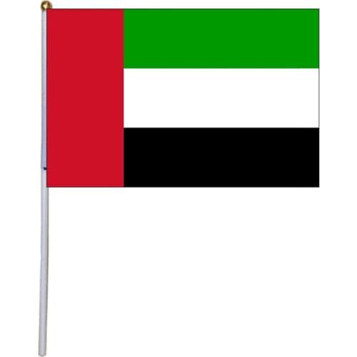 Free shipping xvggdg 100pcs United Arab Emirates Hand Waving Flag 14*21cm Small National Flags with Plastic Flagpoles