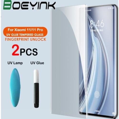 Boeyink 2PCS UV Screen Protector For Xiaomi Mi 11 Pro Full Glue Tempered Glass For Xiaomi CC9 Pro Mi Note 10 Mi 10 Pro Glass
