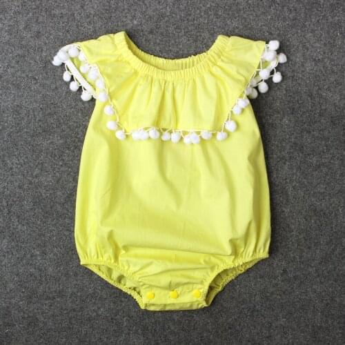 Boho Style Pom Pom Romper Chic Yellow Newborn Baby Girl Coming Home Outfit, 1st Birthday Outfit