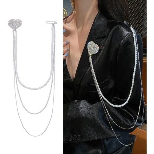 Shiny Heart Rhinestone Brooch Long Tassel Pearl Chain Paper Clip Statement Jewelry Accessories for Women