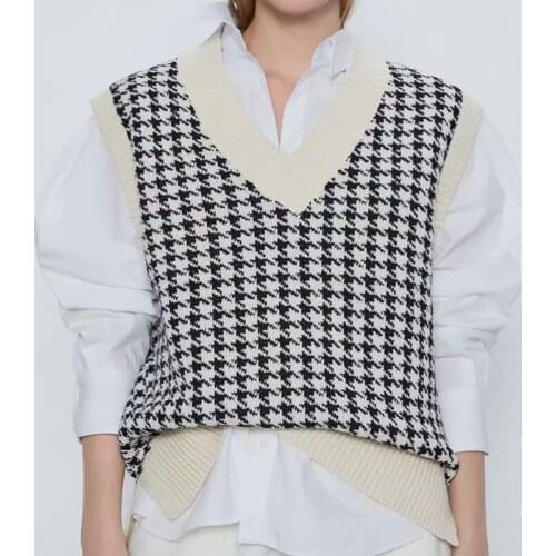 Evfer 2020 Fashion Lady Houndstooth Autumn Za Oversize Sweaters Vest Women Casual V-neck Sleeveless Patchwork Knitted Tops Chic