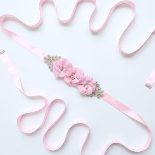 Rhinestone Pearl Belt Women Skinny Waistband Dress Three Floral Belt Chiffon Ribbon Wild Pearl Flower Party Dress Belt