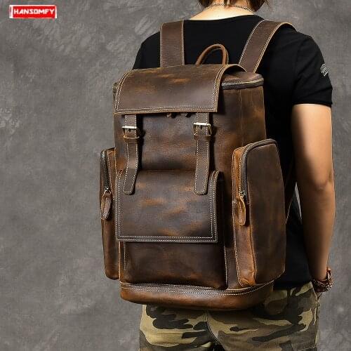 Cowhide Leather Mens Backpack Vintage Large Capacity 15-17 Inch Laptop Bag Men Travel Backpacks Black Brown School Backpack