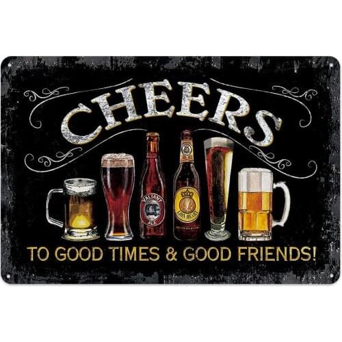 Original Retro Design Cheers Tin Metal Wall Art Poster, Black Thick Tinplate Wall Art Signs for Bar/Man Cave