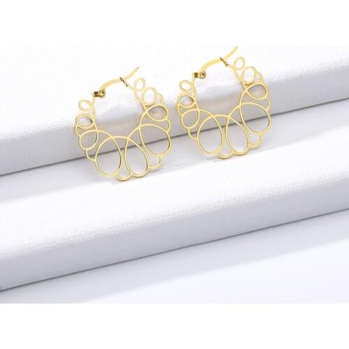 Hollow Flower Hoop Earrings For Women Rose Gold Silver Color Stainless Steel Female Round Earring Fashion Ear Jewelry Brincos