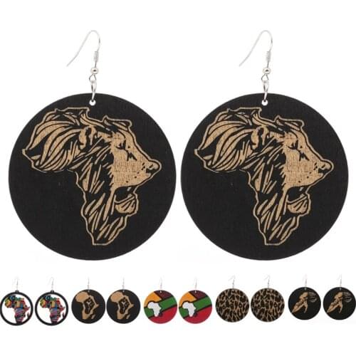 Qiaohe 1 Pair Good Quality Wood Earrings fashion African Woman Wooden Brincos Round Black Pendant 6cm / 2.36 '' U PICK Style