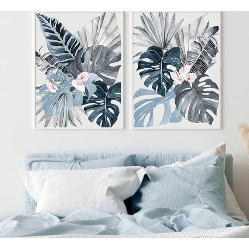 Self-adhesive Wall Stickers Tropical Plants Leaves Blue Painting Wall Art Posters Prints Picture for Living Room Home Decoration