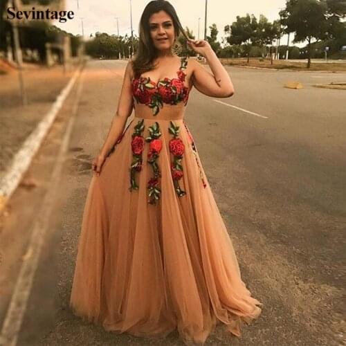Sevintage Champagne 3D Red Flowers Prom Dresses Sweetheart Spaghetti Straps Tulle Evening Gowns Formal Women Party Dress 2020
