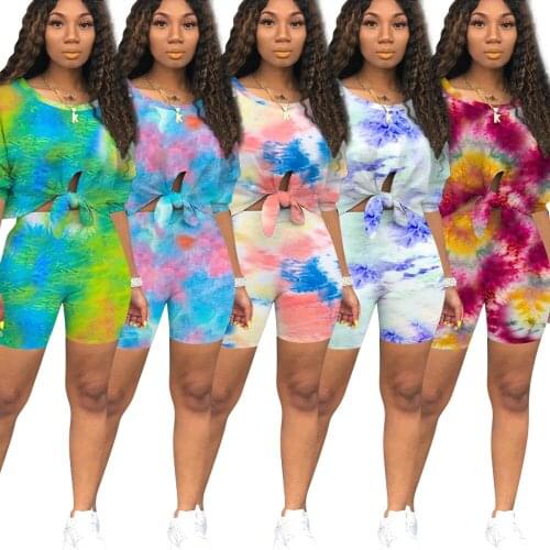 Tie Dye Print Tie Up Tracksuit Fashion Casual Top Shorts Two-Piece Suit Set Women Clothes Loose Plus Size S-XXL Matching Sets