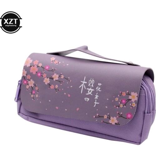 Sakura Pencil Bag PU Leather Pen Case Kawaii Stationery Ruler Pouch for School Girl Sweet Pens Holder Gift Box Flowers Storage