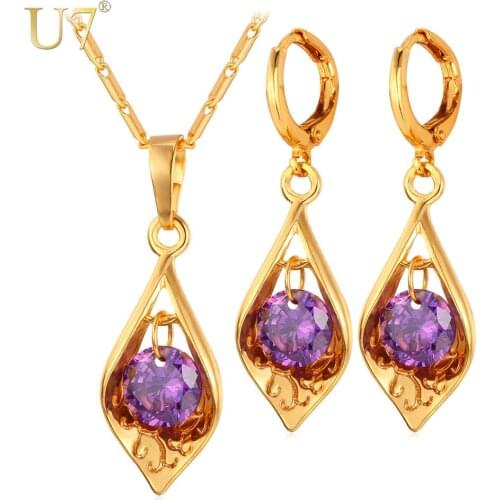 U7 Luxury Cubic Zirconia Jewelry Set Gold/Silver Color Purple Crystal Jewelry Party / Wedding Earrings Necklace Set S641