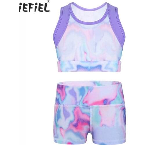 Colorful Kids Girls Stretchy Dance Costume Dance Wear Sport Gymnastic Workout Outfits Sleeveless Crop Top with High Waist Shorts
