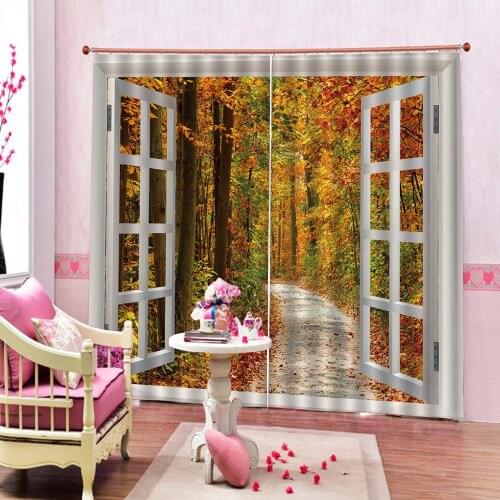 Custom Autumn Scenery Curtains Maple Tree Road Blackout Window Curtain Polyester Fabric Living room Bedroom Drapes Decor