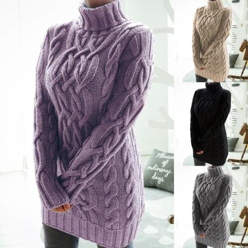 Women Turtleneck Twist Knitted Long Sleeve Warm Sweater Autumn Winter Mini Dress