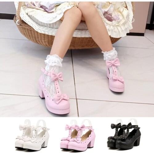 LIN KING Fashion Buckle Women Mary Janes Pumps T-Strap Women High Heel Shoes Sweet Bowtie Lolita Shoes Girls Cosplay Party Shoes