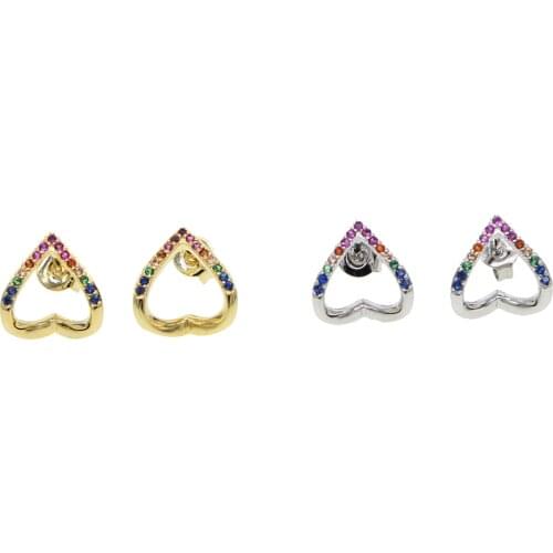Rainbow colorful cz minimal heart earring paved cubic zirconia unique fashion women love gift charming hollow hearts jewelry