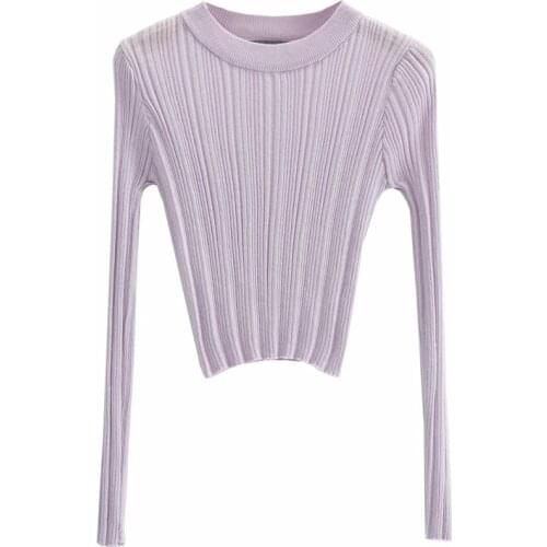 Women Fashion Cropped ribbed knit top Ladies Retro Street Wear Simple slim round neck long sle eves Pullover sweater chic top