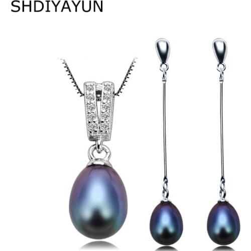 SHDIYAYUN 2019 Pearl Jewelry Set 925 Sterling Silver Sets Natural Freshwater Balck Pearl Necklace Earrings Pendants For Women