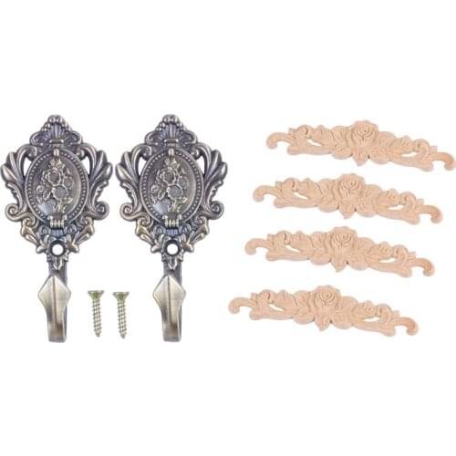 1 Pair Rose Pattern Alloy Drapery Curtain Hold Backs Tieback Hooks & 4Pcs 20 X 5cm Rubber Wood Carved