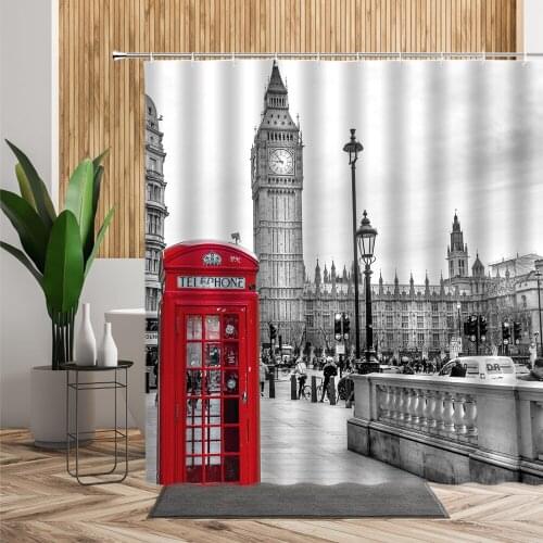 3D Europe Style Decoration Bath Shower Curtain London Street Scenery Hanging Cloth Red Nostalgic Telephone Hall Bathroom Curtain