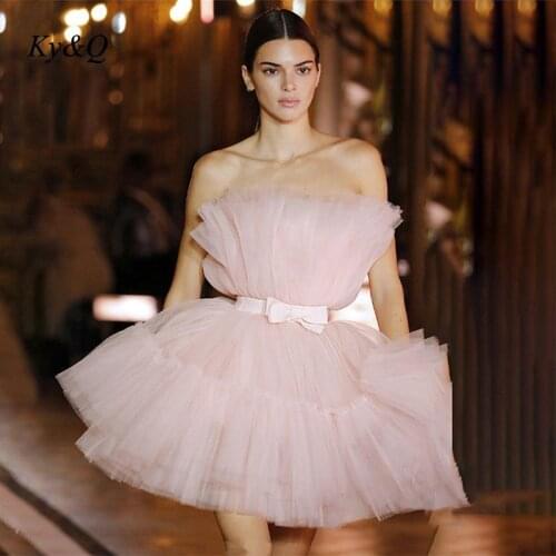 Elegant Mesh Rose Pink Off Shoulder Backless Ruffles Short Tulle Party Dress Sleeveless Puffy Bow-Knot Belt Ball Gown Mini Dress