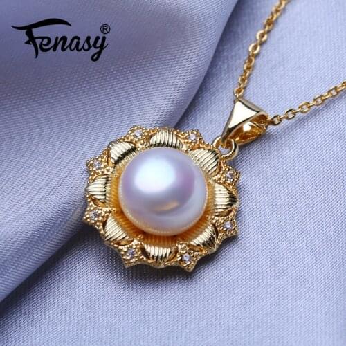 FENASY Natural Freshwater Pearl Necklaces For Women Gold Color Customized Trendy Vintage Flower Pendant Party Jewelry