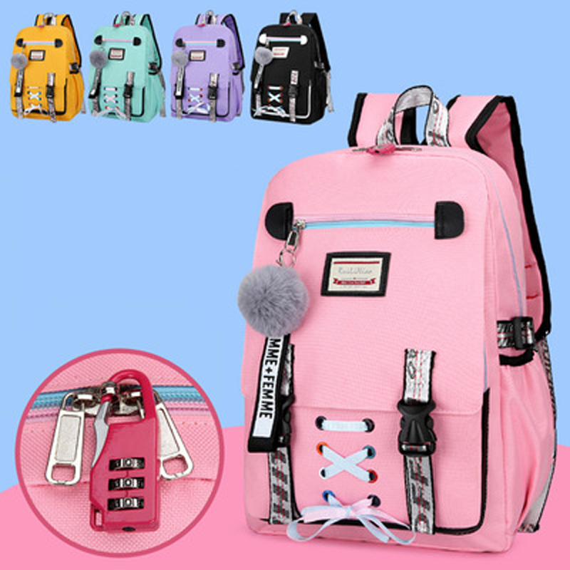 Pink Canvas Backpack Women School Bags for Teenage Girls Preppy Style Large Capacity USB Back Pack Rucksack Youth Bagpack 2020