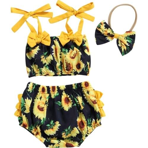 Lioraitiin 0-18M Infant Baby Girl 3Pcs Sweet Style Outfit Sunflower Printing Sleeveless Suspender Short Tops Shorts Bow Headwear