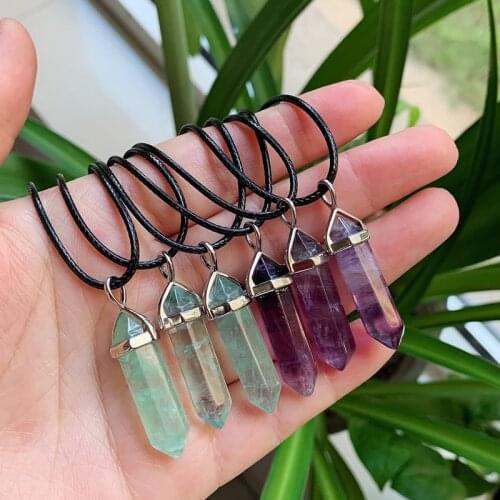Natural Green Fluorite Crystal Necklace Healing Jewelry Point Pendulum Quartz Stone Purple Crystal Hexagonal Pendant Necklace