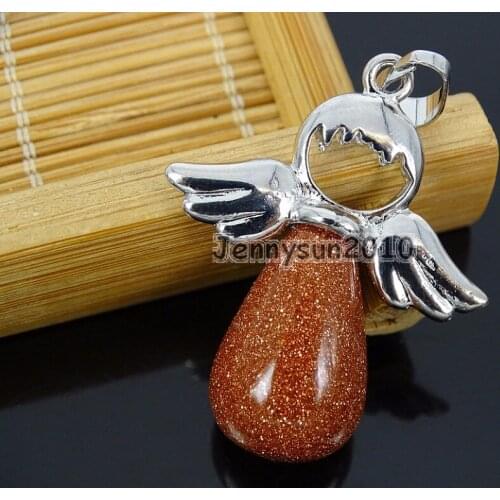Natural Gold Sand Gems Stone Angel Wing Teardrop Healing Pendant Charm Beads Silver Plated Healing Jewelry Design 10Pcs/Pack
