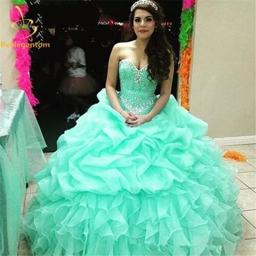 2021 New In Stock Ball Gown Cheap Quinceanera Dresses Organza With Beads Sequined Sweet 16 Dress For 15 Years Debutante Gown