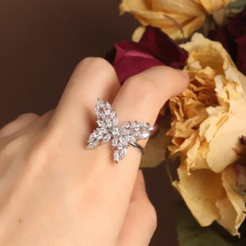 New design fashion jewelry exquisite luxury copper inlaid zircon flexible butterfly opening adjustable female index finger ring