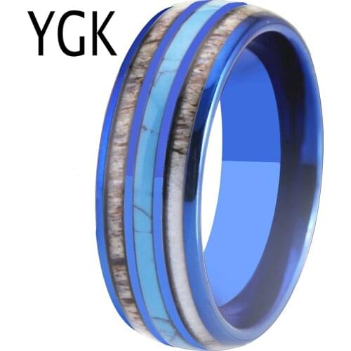 Wedding Band Rings Blue Tungsten Rings 8MM Width Antler Turquoise Inlay Ring Charm Party Rings for Women Mens Jewelry