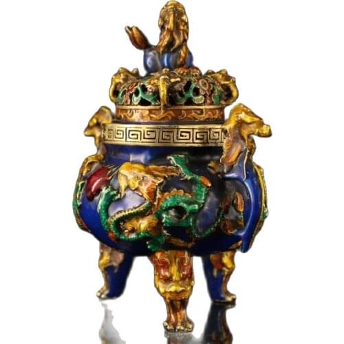 Tibet Nepal Old Cloisonne Copper Bead Enamel Painted Two Dragon Play Beads Lion Incense Furnace