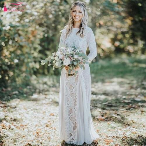 Retro Vintage Lace Bohemian Mermaid Wedding Dress Long Sleeves Backless Summer Beach Boho Bride Dresses vestido de Noiva ZW076