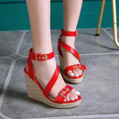 Sandalias de verano para mujer Large size 46 wedges Bohemia style women sandals hemp rope high heels fish mouth party shoes 3040