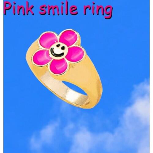 New INS Pink Flower Smiley Rings for Women Y2K Jewelry Charms Egirl Aesthetic Harajuku Vintage Earrings Friends Gifts Wholesale