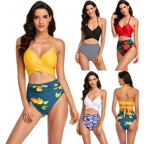 2021 New Swimsuit Women Sexy Cross Tie High Waist Fashion Printed Solid Color Bikini Beach Party Suit