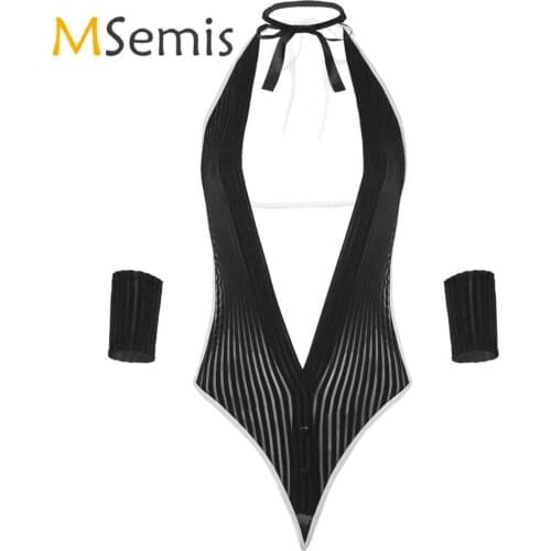 Women Lingerie See Through Bodysuit Underwear with Cuff Adjustable Neck Ring Halter Lace-up Deep V Neck Striped Backless Costume