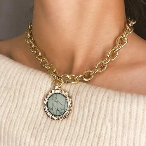 Punk Vintage Heavy Metal Thick Chain Choker Round Raw Marble Pendant Necklace Women Geometric Sweater Necklace Jewelry YN469
