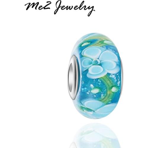 2017 1PC European flower blue beads Murano charm fit women charm bracelet & bangles free shipping GB11