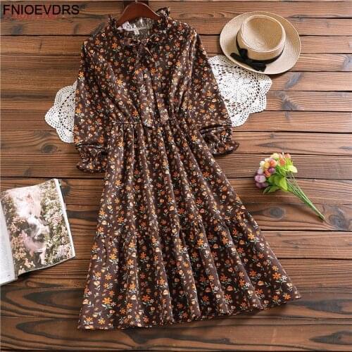 2021 Prairie Chic Mori Girl Style Good Quality Floral Print Vintage Retro Cotton Corduray Dress 4078