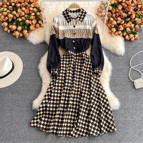 Amolapha 2021 Autumn Women Elegant Vintage Printed Turn-down Collar Slim Waist Big Swing Party Shirt Dress