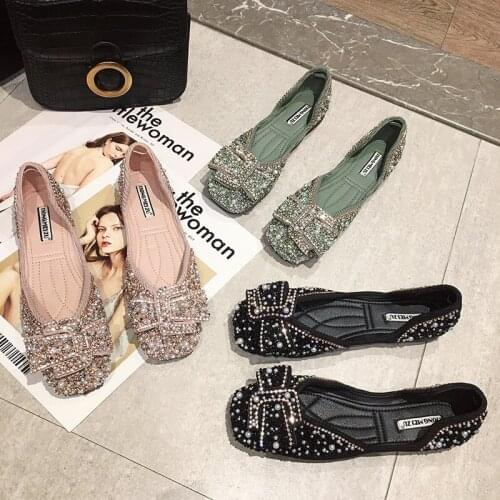 Ladies Bling Crystal Diamond Black Pink Dress Flats Womens Bow Sequins Single Shoes Rhinestone Glitter Square Toe Ballet Flats